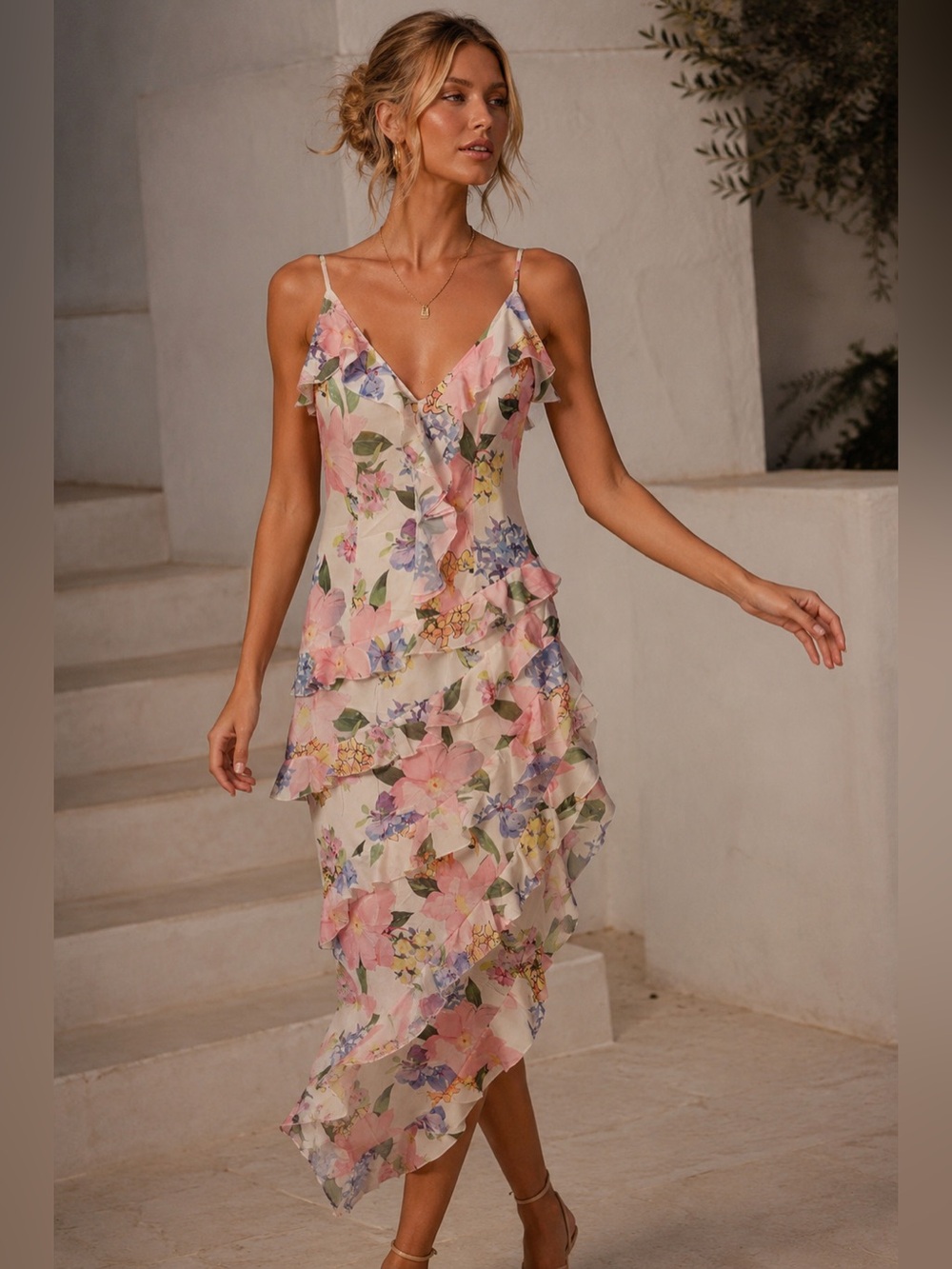 Cherley Watercolor Floral Tiered Ruffle High-Low Maxi Dress V Neck - Size S -NWT